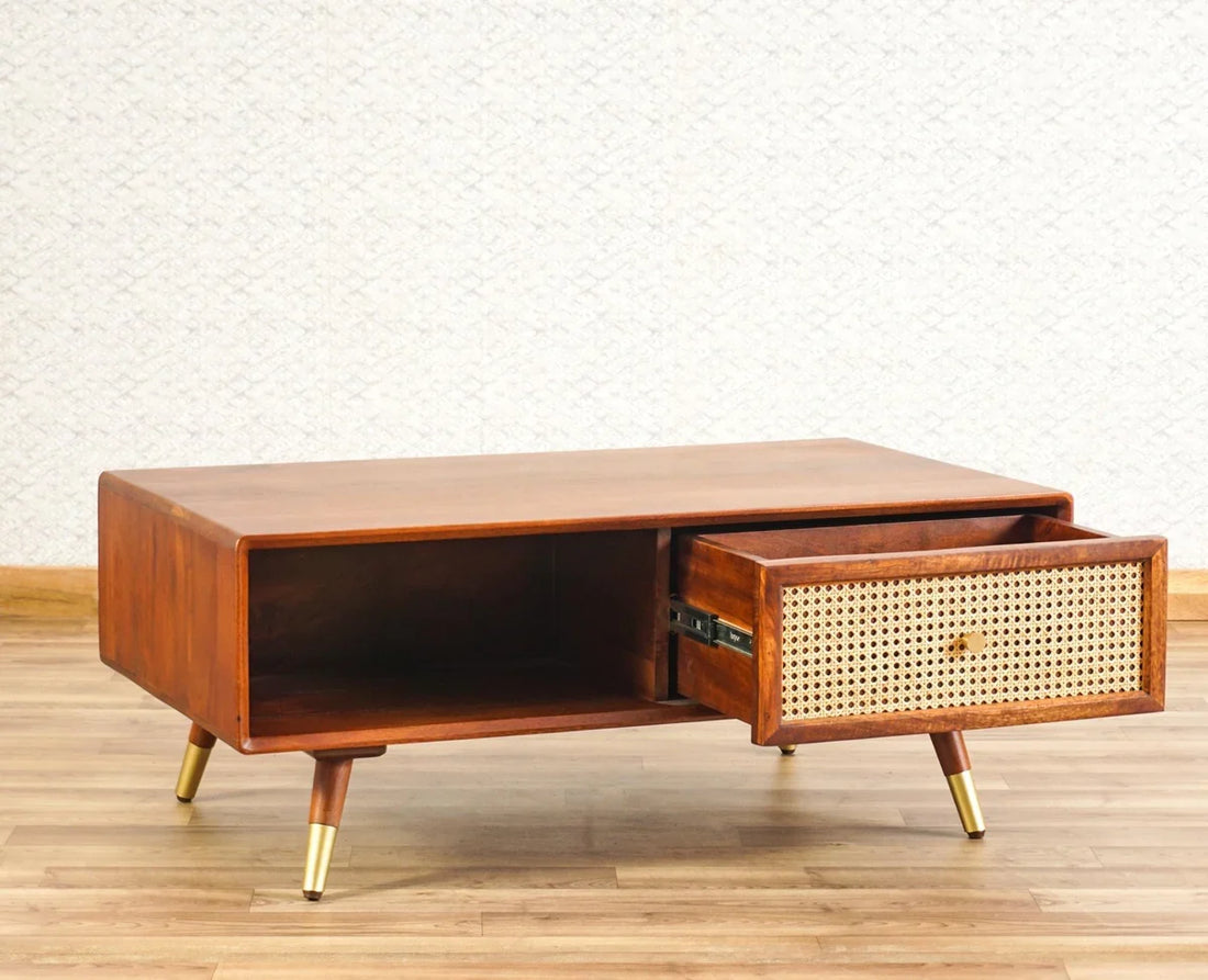 Craft D Art Wooden Coffee Table with Rattan Drawer & Open Storage