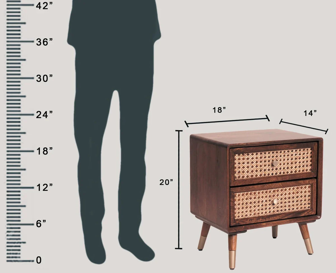 Solid Wood Rattan Cane Two Drawer Bedside Table