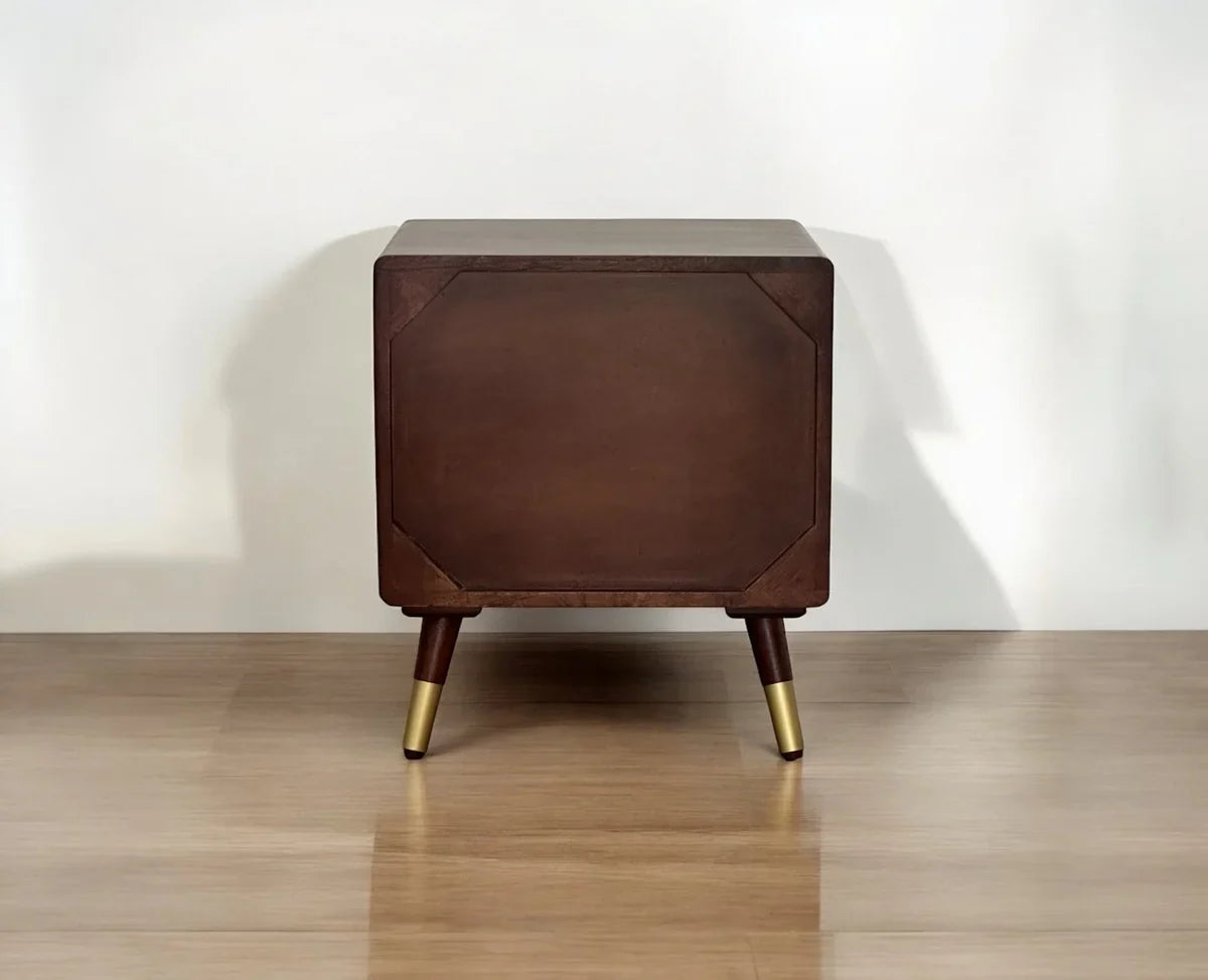 Solid Wood Rattan Cane Two Drawer Bedside Table