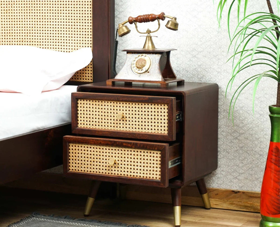 Solid Wood Rattan Cane Two Drawer Bedside Table