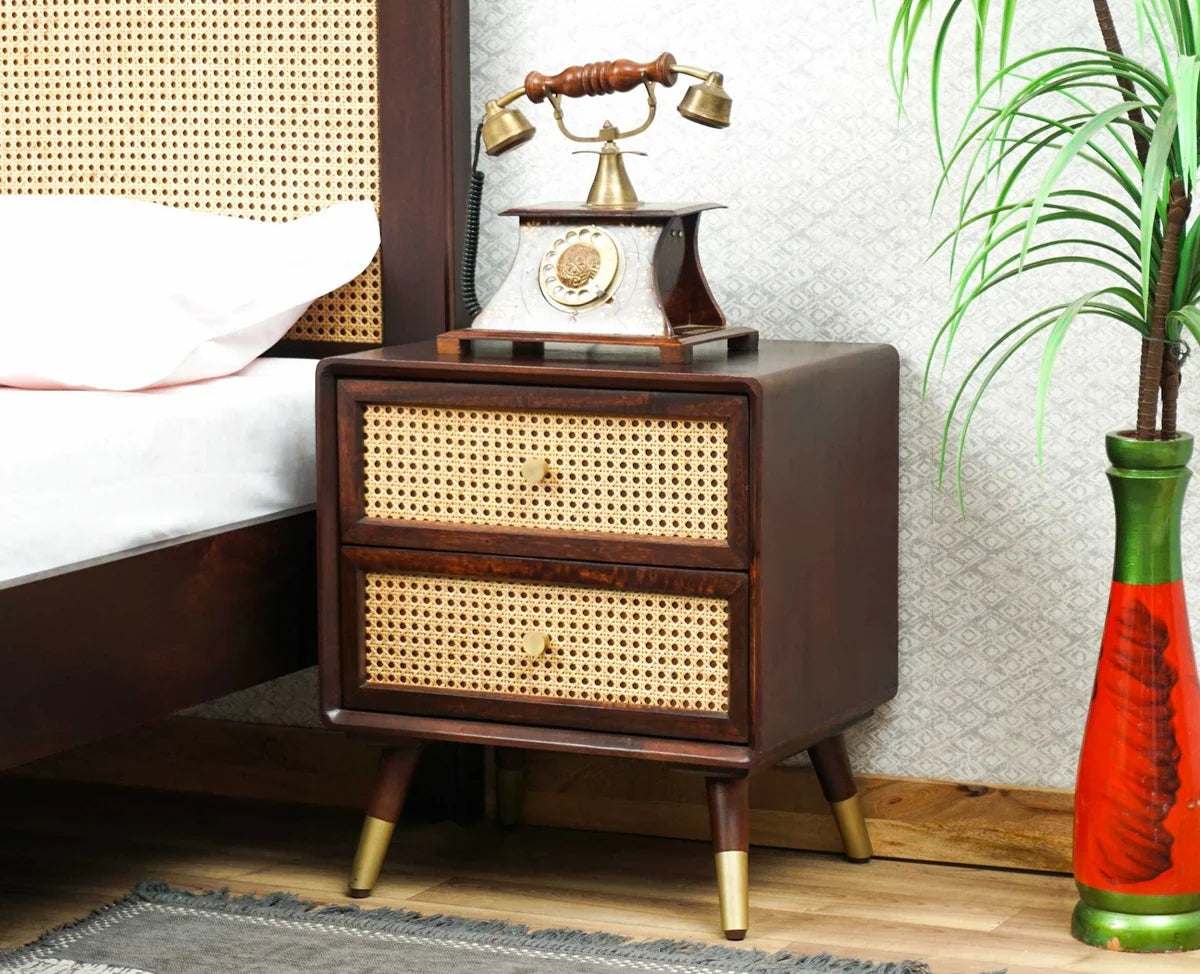 Solid Wood Rattan Cane Two Drawer Bedside Table