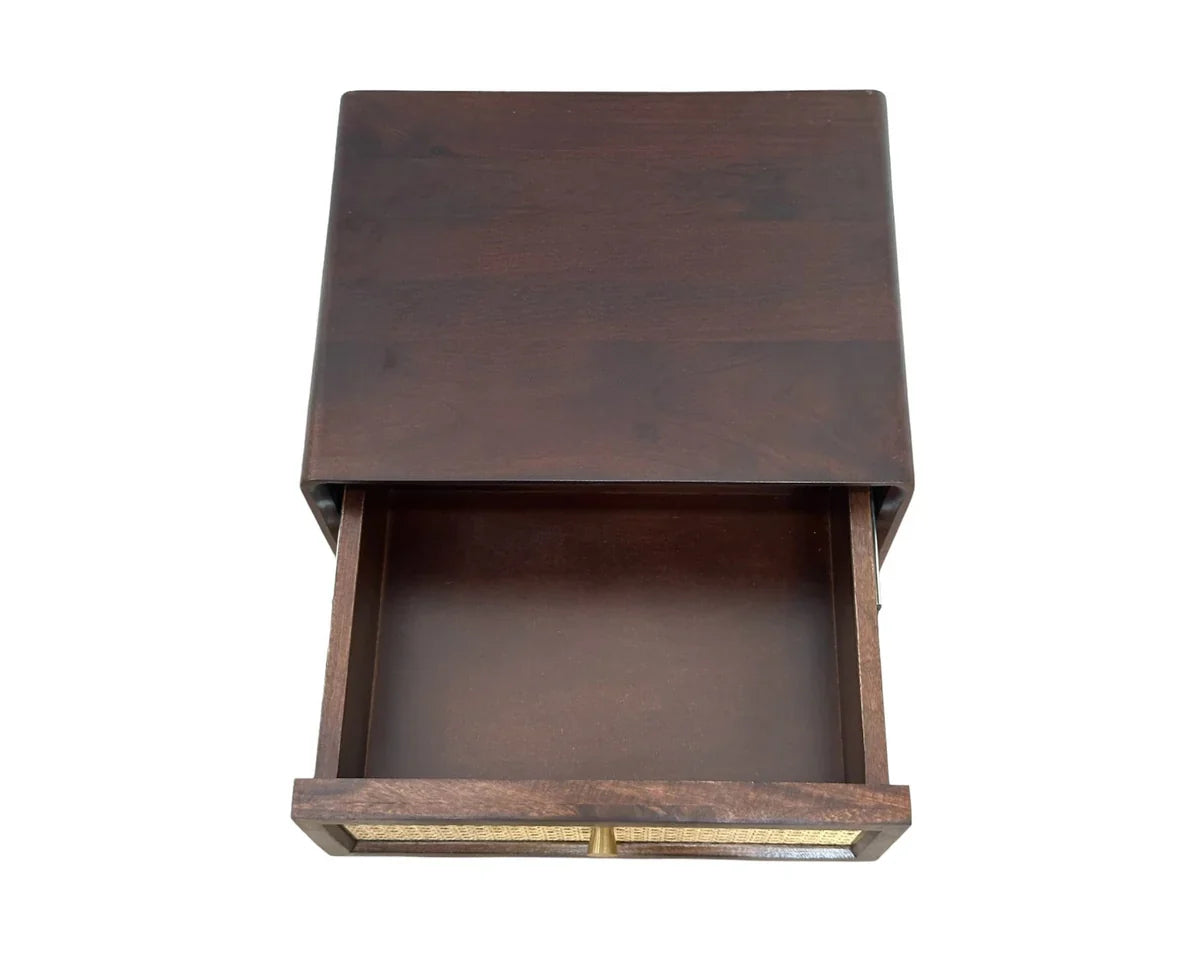 Solid Wood Rattan Cane Two Drawer Bedside Table