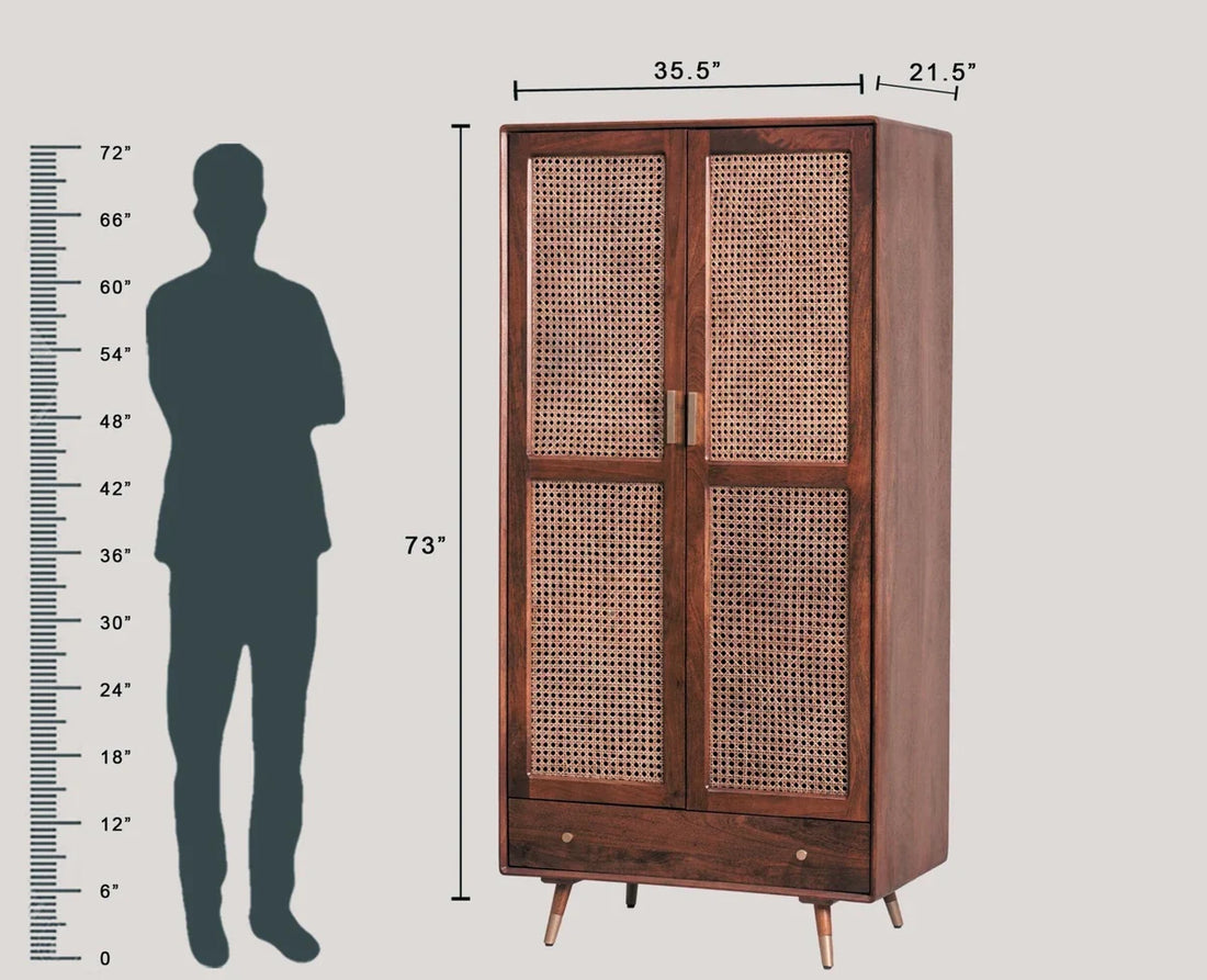 Craft D Art Sheesham Wood 2 Door Cane Wardrobe with Drawer