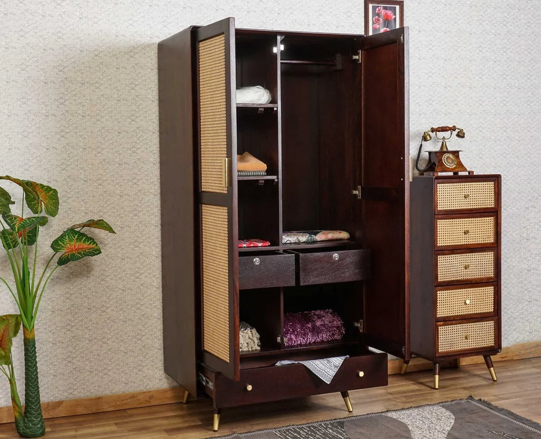 Boston Solid Wood Rattan Cane Wardrobe Walnut-  Finish