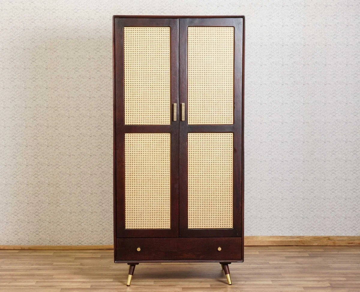Boston Solid Wood Rattan Cane Wardrobe Walnut-  Finish