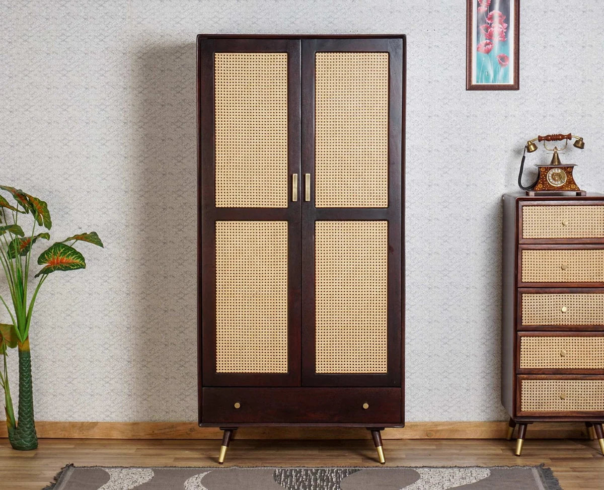 Boston Solid Wood Rattan Cane Wardrobe Walnut-  Finish