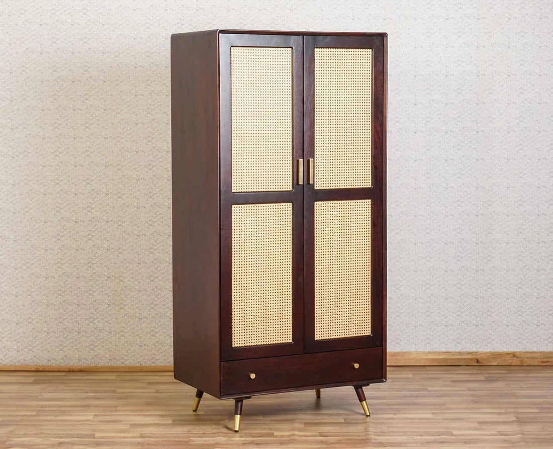 Boston Solid Wood Rattan Cane Wardrobe Walnut-  Finish