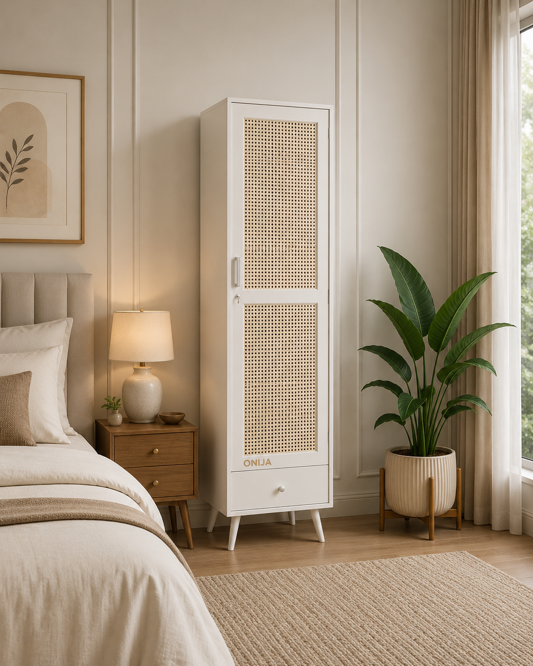 Craft D Art Wooden Single Door Wardrobe with Rattan Panel & Drawer