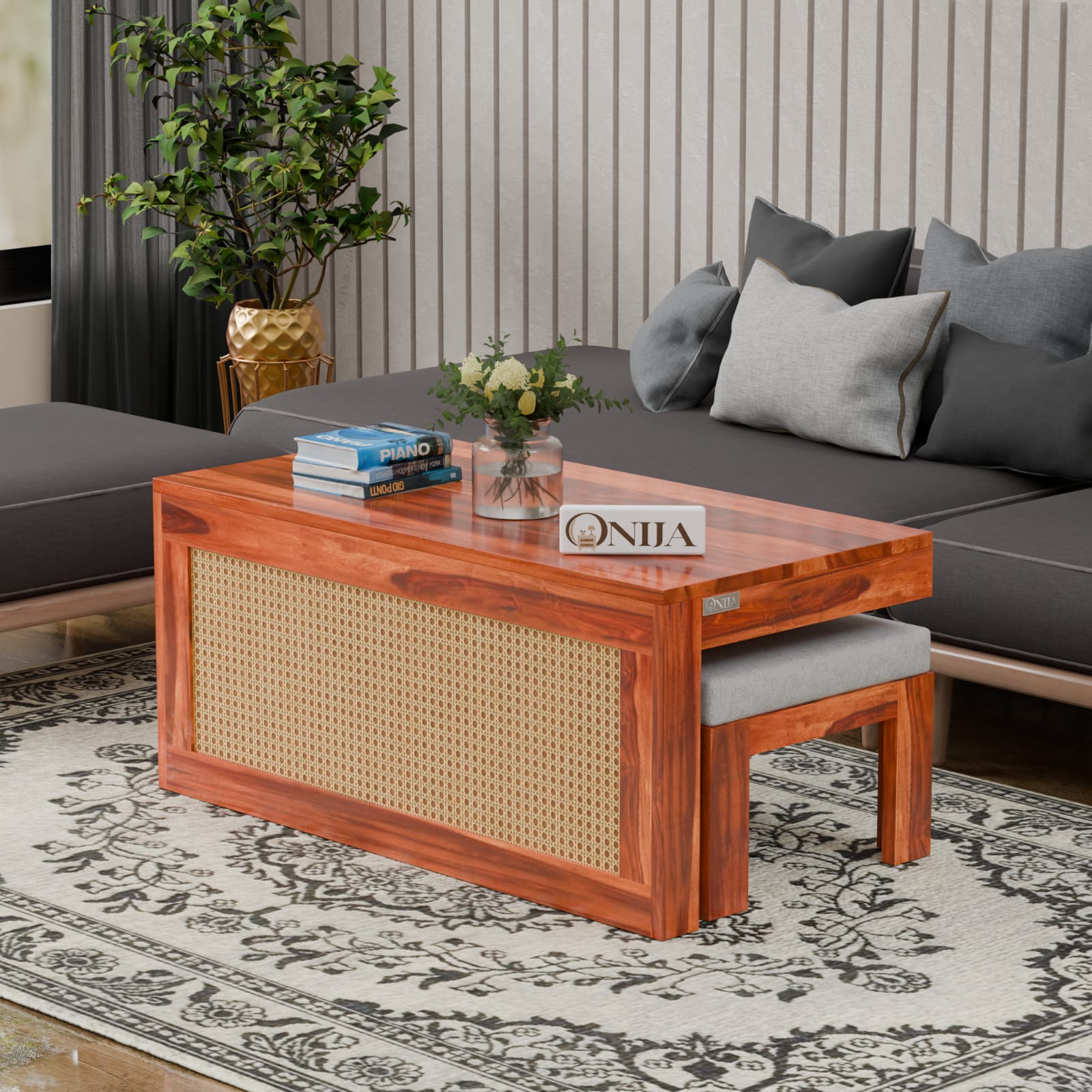 Craft D Art Solid Wood Cane Coffee Table with Hidden Seating | Natural