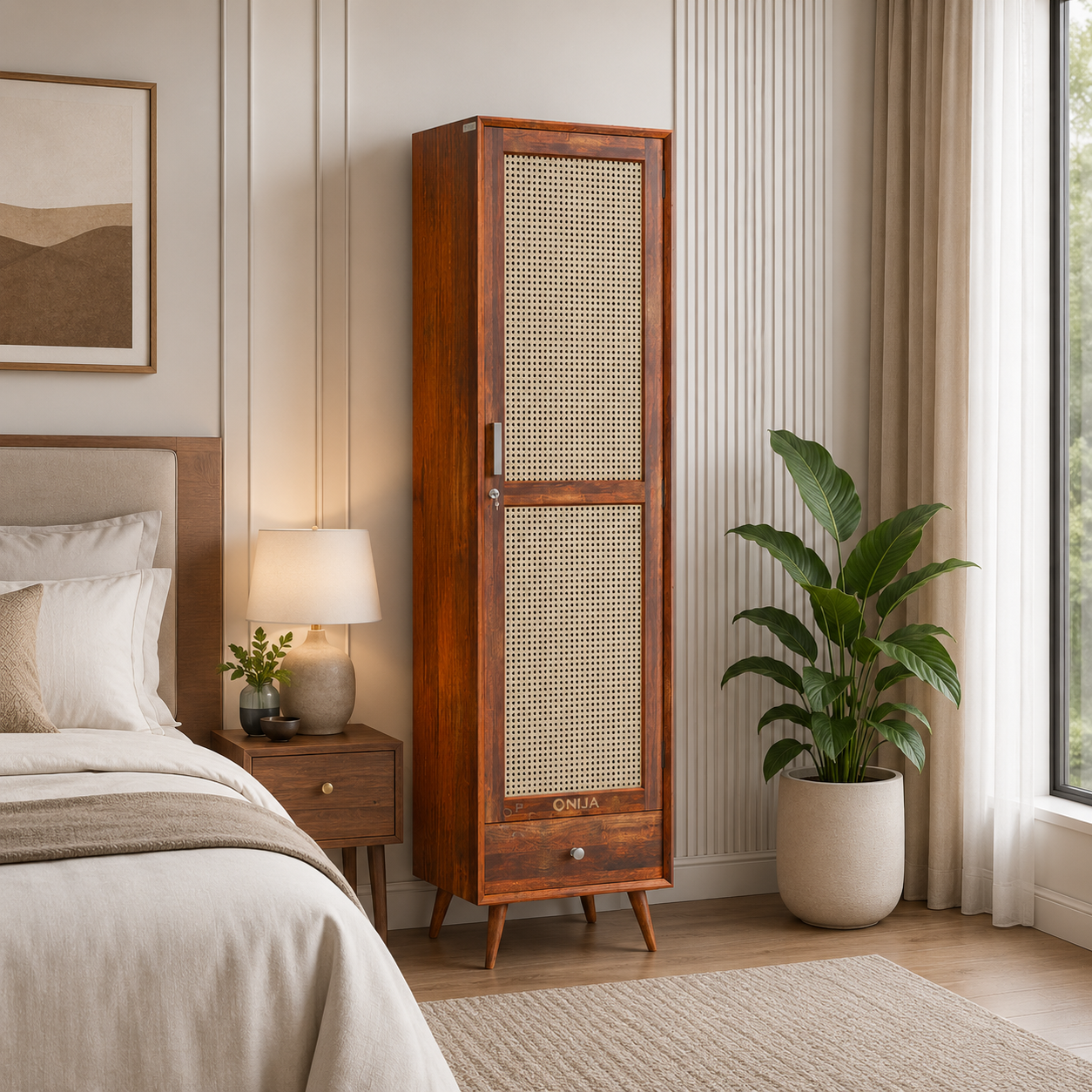 Craft D Art Wooden Single Door Wardrobe with Rattan Panel & Drawer