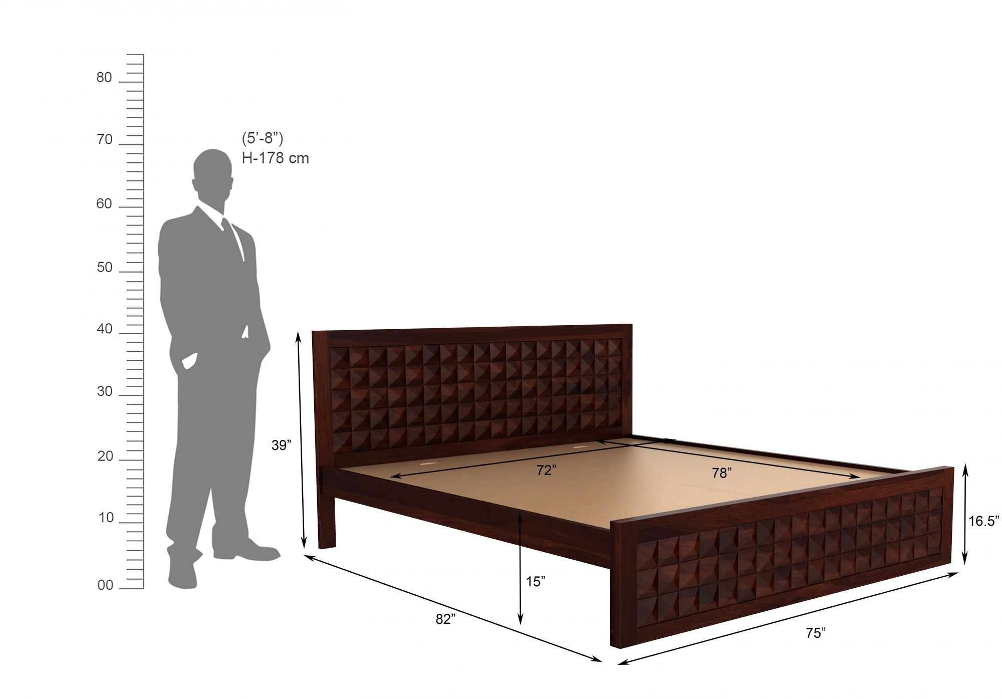 Craft D Art Sheesham Wood King Size Bed Without Storage (Walnut Finish)