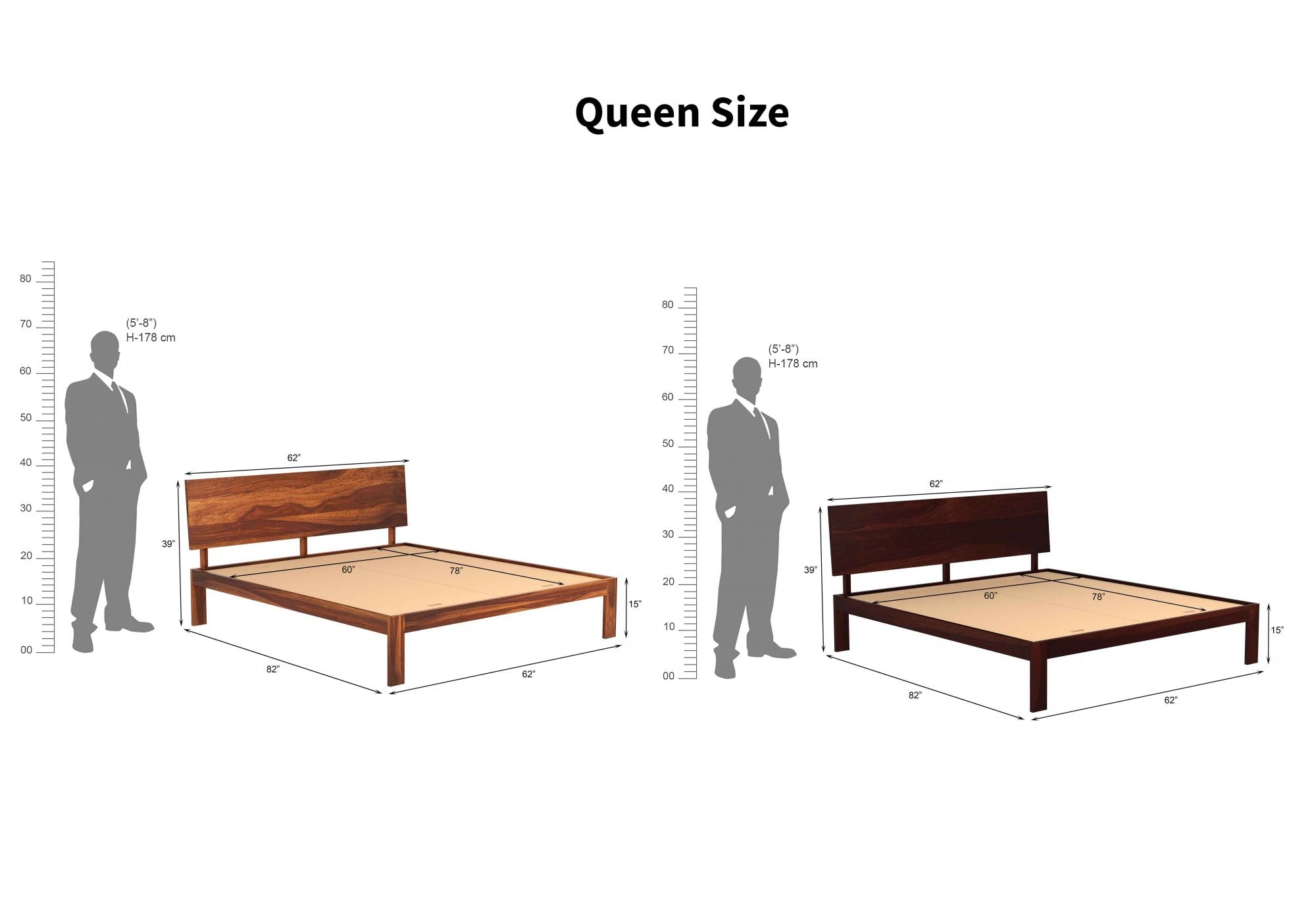 Craft D Art Sheesham Wood Queen Size Bed Without Storage (Walnut Finish)